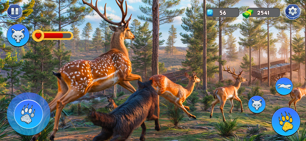 Wolf Simulator: Wild Craft RPG - Wolf Simulator Wild Craft RPGの緑豊かな森の環境で、シカの群れを狩る黒いオオカミ。