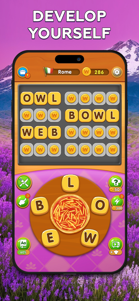 Word Pizza - Search Words - Gameplay screenshot of Word Pizza showing a word search puzzle with a cooking theme and Rome travel background