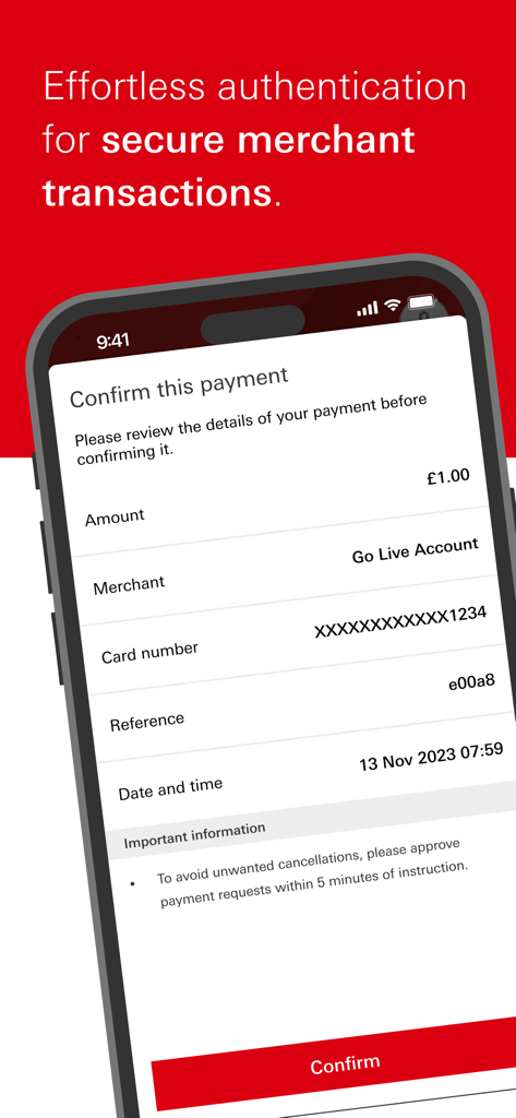 Écran de l'application mobile HSBC Malte affichant une confirmation de paiement marchand sécurisée