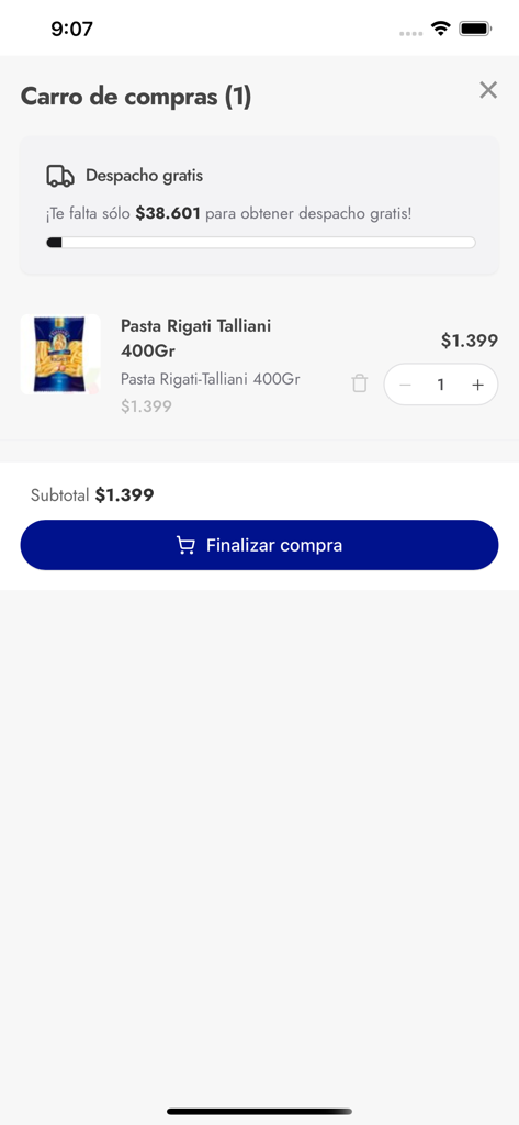 Eltit mobile app shopping cart screen showing a pasta item subtotal and checkout button