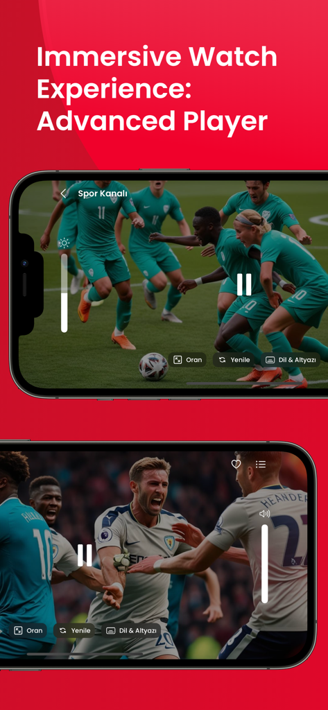 Fortschrittliche Videoplayer-Oberfläche in der UPlayer-App, die Live-Fußballspiele auf mobilen Bildschirmen anzeigt