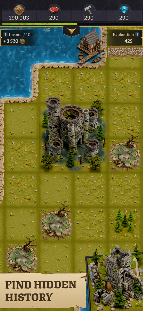 Ruines de château médiéval et interface de gestion des ressources dans Legacy of Kings Idle Builder.
