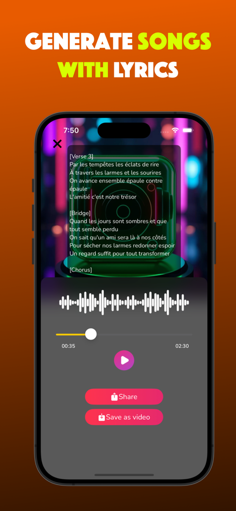Music AI Song Generator, Cover - Mobile app interface showing AI generated song lyrics with an audio player and sharing options