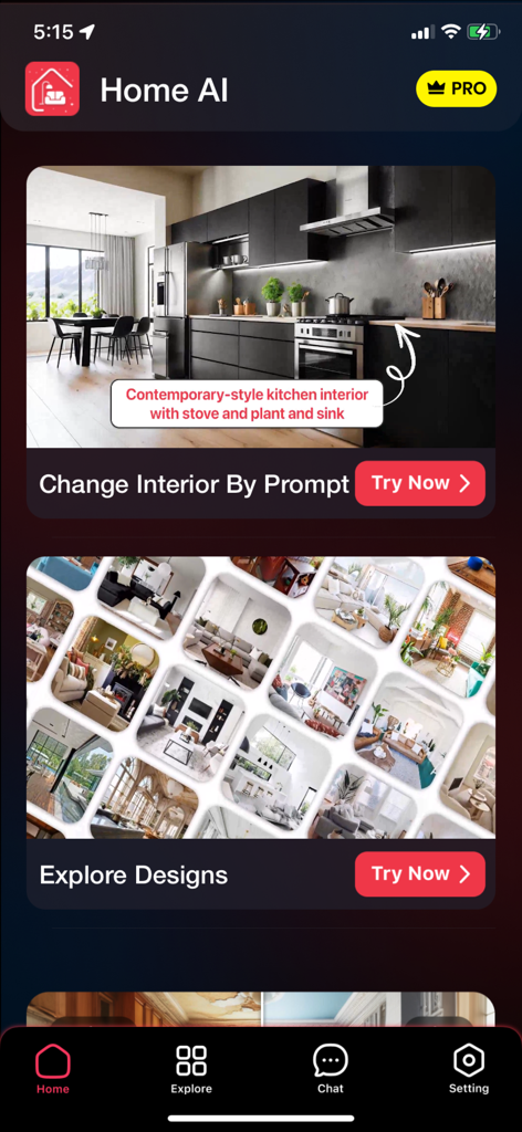 Home AI : AI Interior Design - Home AI app interface showing AI kitchen transformation and design exploration gallery.