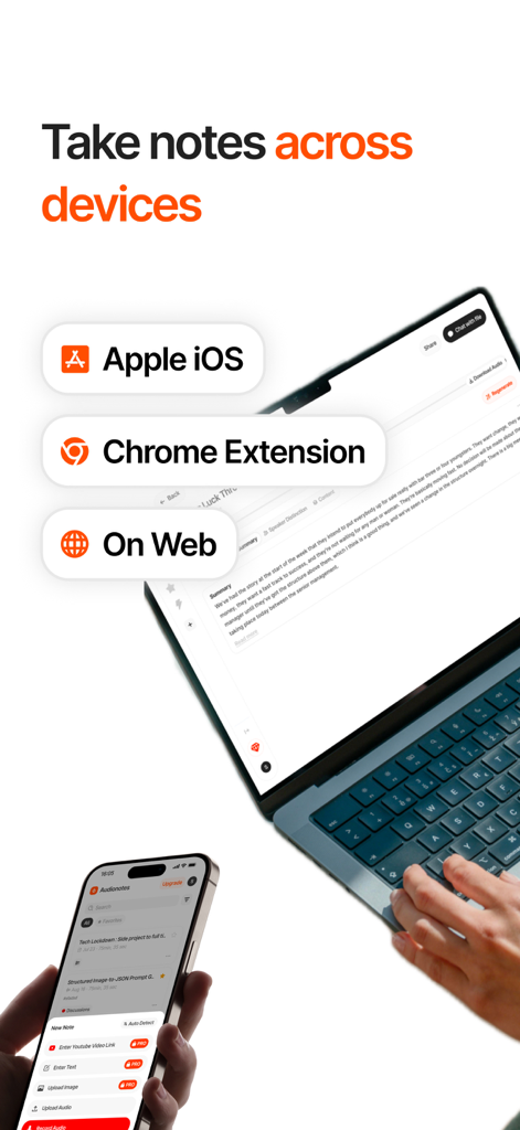 Audionotes: Audio Notes AI - Interface Audionotes AI em um iPhone e laptop exibindo sincronização entre as plataformas iOS, Chrome Extension e Web.