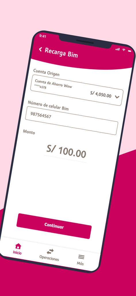 Interface of Compartamos App showing the steps to recharge a Bim mobile wallet.