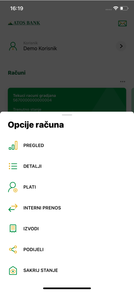 ATOS BANK Mobile - Atos Bankモバイルアプリの画面、支払い、内部送金、口座明細などの機能が表示された口座オプションメニューを表示