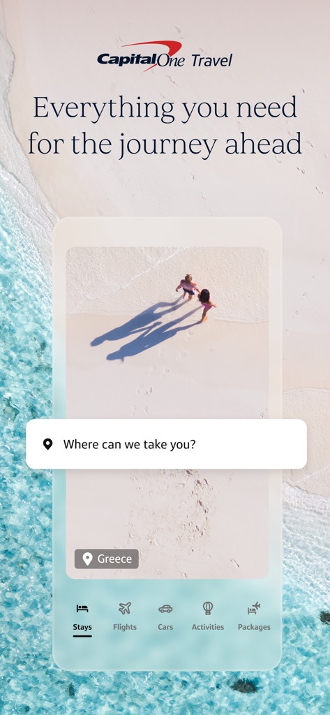Capital One Travel - Capital One Travel app home screen featuring a beach landscape with a search bar and navigation icons for booking stays flights and cars