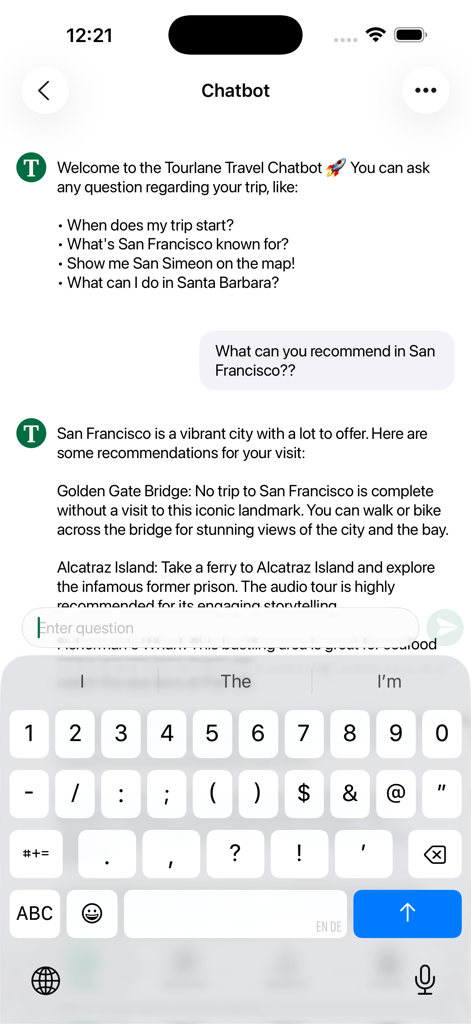 Interface of the Tourlane travel chatbot providing destination recommendations for San Francisco
