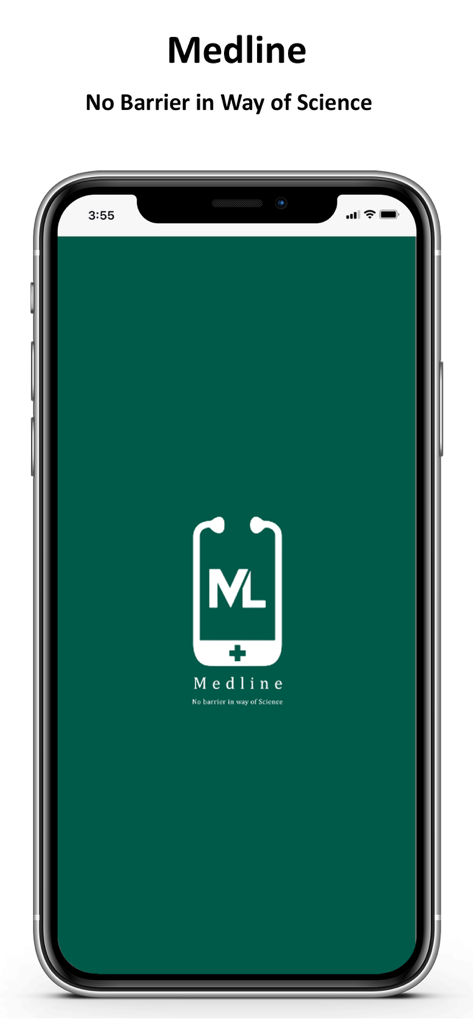 MedLine - Medicine Online - MedLine医療アプリのスプラッシュスクリーン。ロゴと「科学に障壁はない」というスローガンが表示されます。