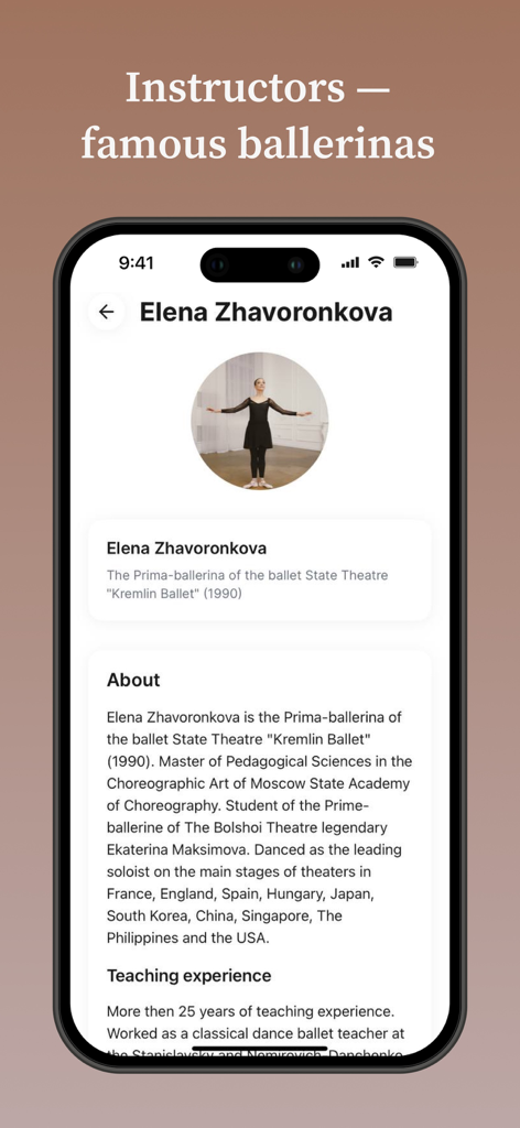 Prime Ballet App - Página de perfil de una famosa instructora de ballet en la aplicación Prime Ballet