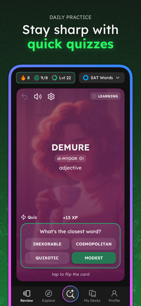 VividVocab: Remember Words - VividVocab app interface showing a daily practice vocabulary quiz for the word demure
