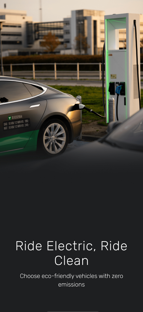 An electric Dantaxi vehicle at a charging station with the caption Ride Electric Ride Clean.