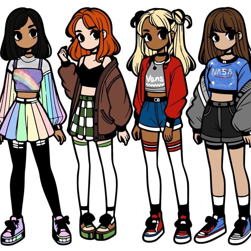 one girl with crop-top shirt and a jacket with a skirt, long socks and another girl with a shirt and pants with a jacket