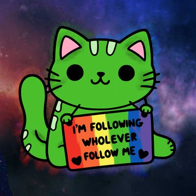 cat with a sign that says i’m following whoever follows me
