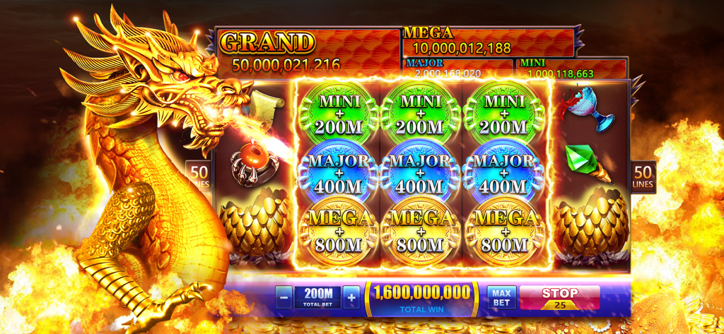 Golden dragon themed slot machine interface showing a mega jackpot win in Winning Slots Las Vegas Casino