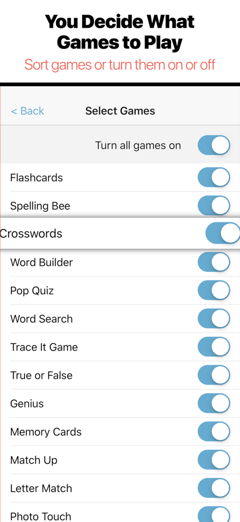 Bitsboard Flashcards PRO - Settings screen in Bitsboard Flashcards PRO showing a list of educational games with toggle switches to turn them on or off