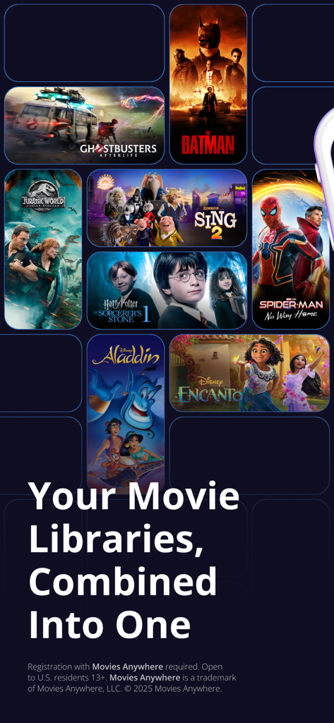 Movies Anywhereアプリ向けの「映画ライブラリを一つに統合」というテキストが記載された映画ポスターの表示。