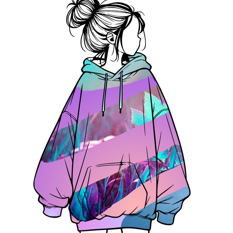 realistic girl with a oversized sweatshirt on and a bun