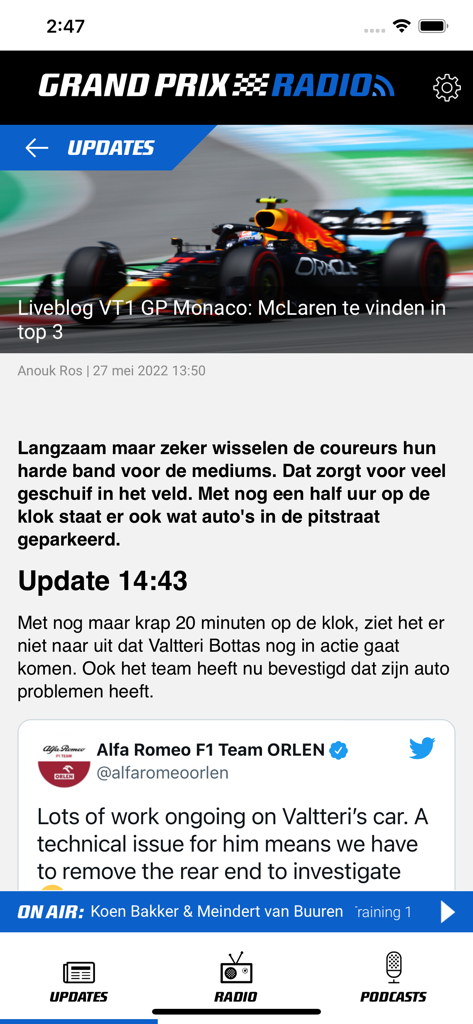 Grand Prix Radio app interface showing live Formula 1 racing news and updates