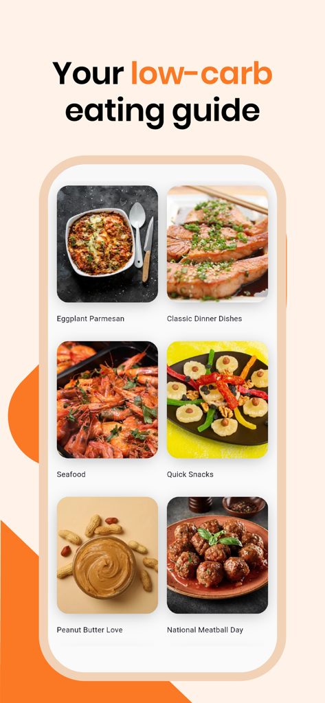 Keto Diet-Carb tracker & meals - Interface de l'application de régime céto affichant diverses options de repas faibles en glucides et des catégories de recettes, y compris le parmesan d'aubergine et les fruits de mer
