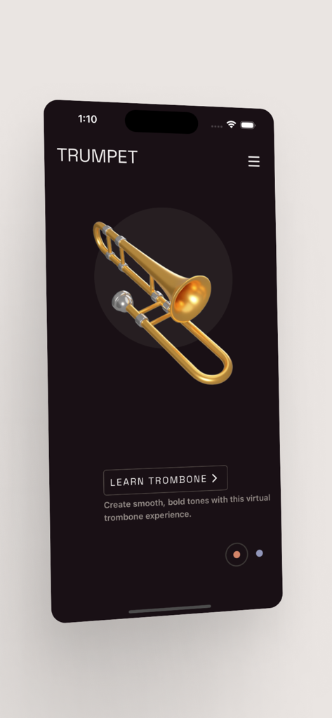 Virtual Trumpet & Trombone - A smartphone screen displaying a virtual trombone instrument for learning