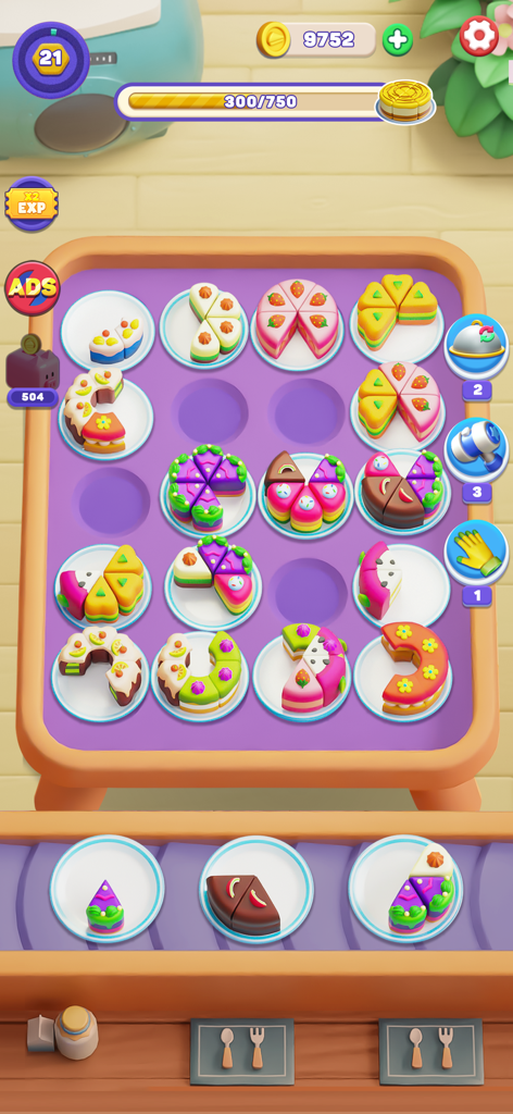 Cake Match: Sort 3D - Pantalla de juego de rompecabezas 3D donde los jugadores clasifican coloridas rebanadas de pastel en platos