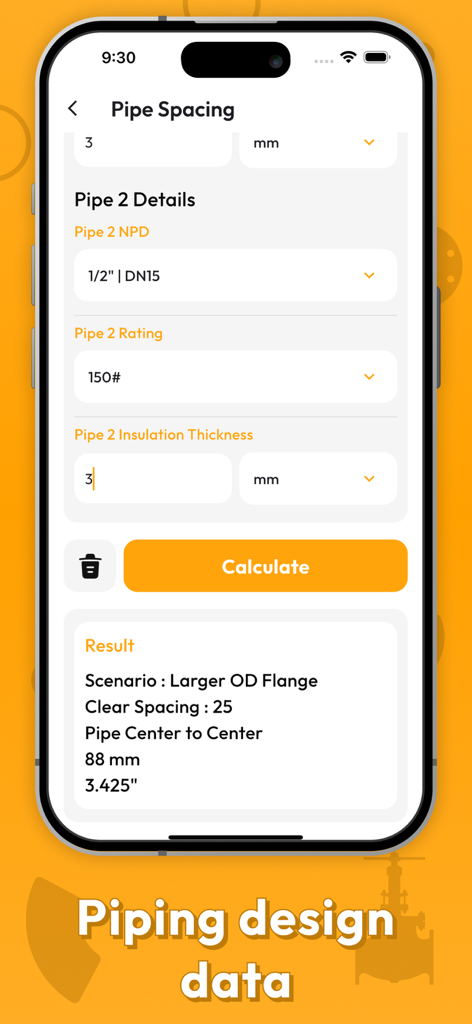 Pipe Data - Tela do aplicativo Pipe Data para calcular espaçamento de tubos e dimensões centro a centro.