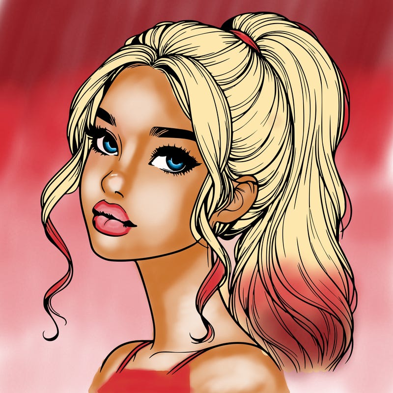 realistic girl with a ponytail on her hair and lips