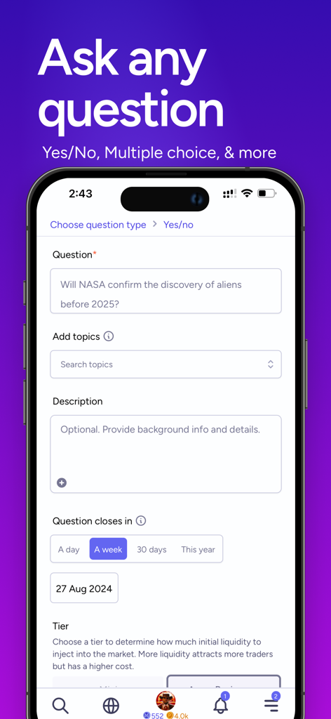 Manifold Markets - A screenshot of the Manifold Markets app interface for creating a new prediction market question.
