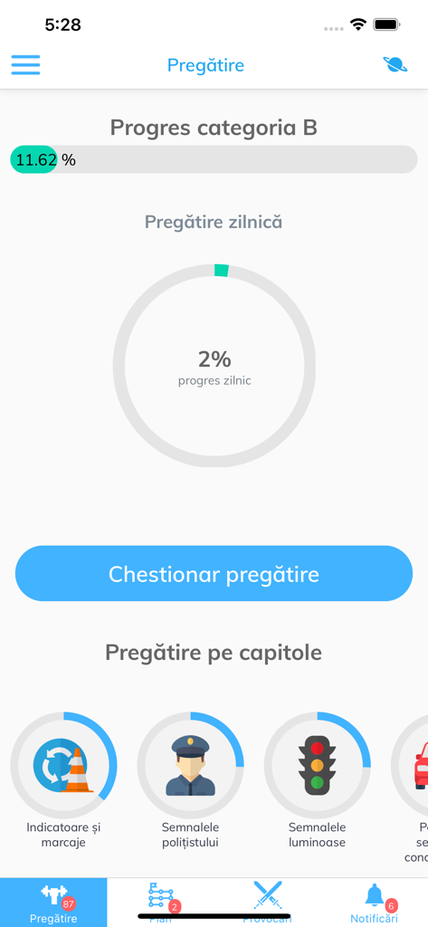 SoferOnline app dashboard showing Category B driving exam progress and study chapters.