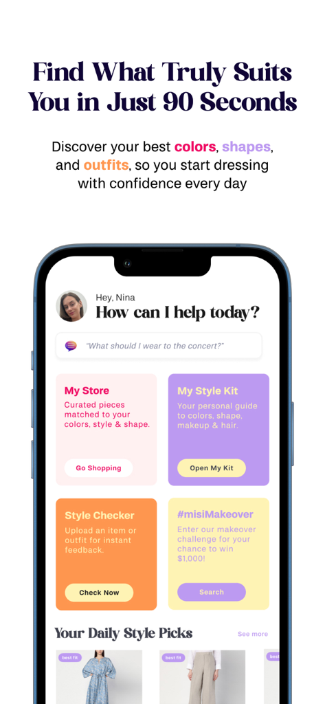 misi app interface showing personal color analysis and AI styling tools