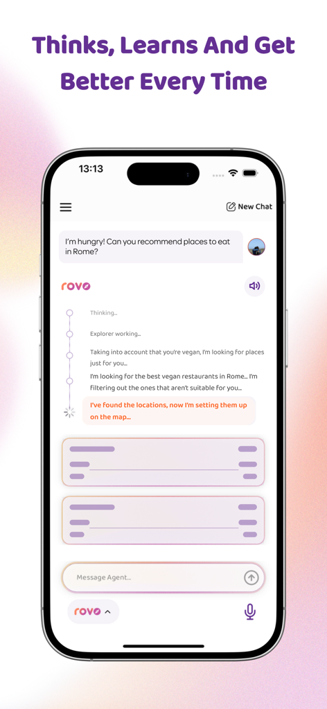 Rovo - Travel Agent - 로마의 개인 맞춤 레스토랑 추천 정보를 보여주는 Rovo AI 여행 에이전트 스마트폰 채팅 인터페이스
