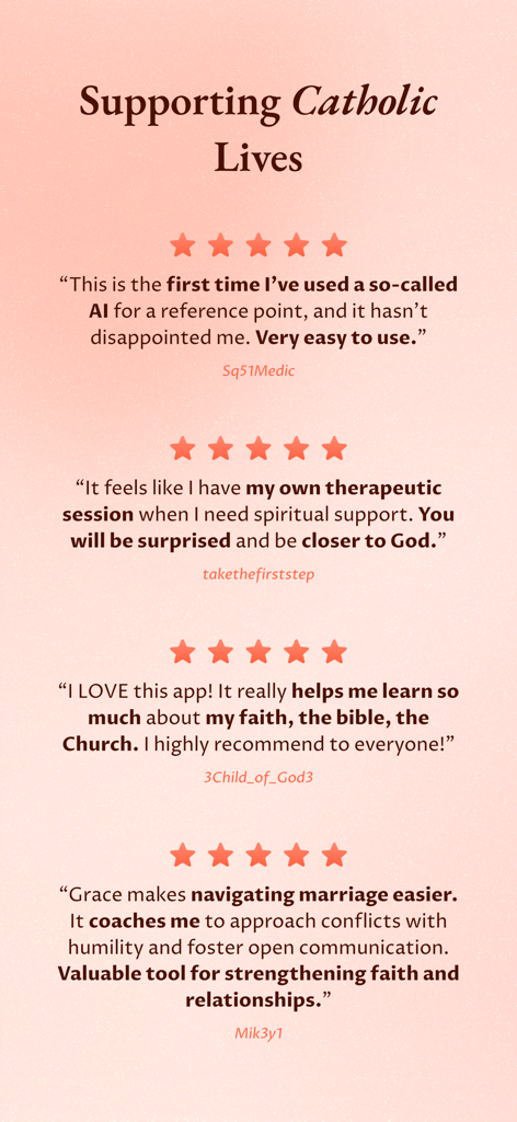 Positive user reviews and five-star ratings for the Grace Catholic Companion app
