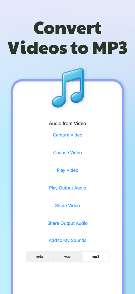 Mobile app screen for converting video to mp3 and m4a audio formats