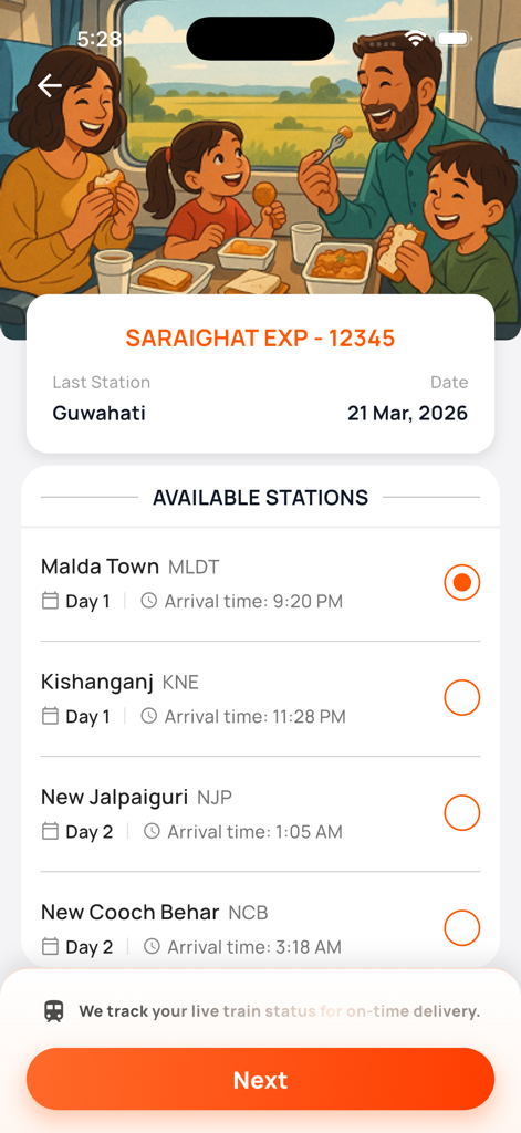 Schermata dell'app RailRestro che mostra una famiglia che gusta un pasto su un treno e un elenco di stazioni disponibili per gli ordini di consegna di cibo.