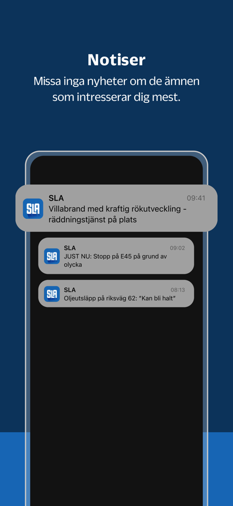 Pantalla de la app SLA que muestra notificaciones push de noticias locales y alertas de emergencia en Skaraborg