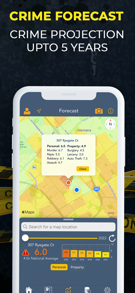 Crime and Place: Stats & Map - Mobile app screen showing a five year crime forecast map and detailed statistical chart for property and personal safety
