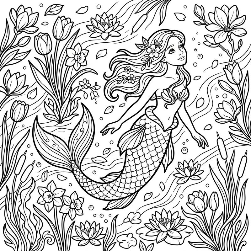 Rediscover the joy of coloring with this beautiful spring mermaid, surrounded by delicate blooms and gentle aquatic life. Designed with clear lines and accessible details, it offers a peaceful creative escape for seniors.
