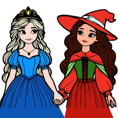 a princess and a witch holding hands realistic