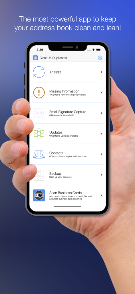 Hauptmenü der Cleanup Duplicate Contacts App auf einem iPhone, das verschiedene Kontaktmanagement-Funktionen anzeigt