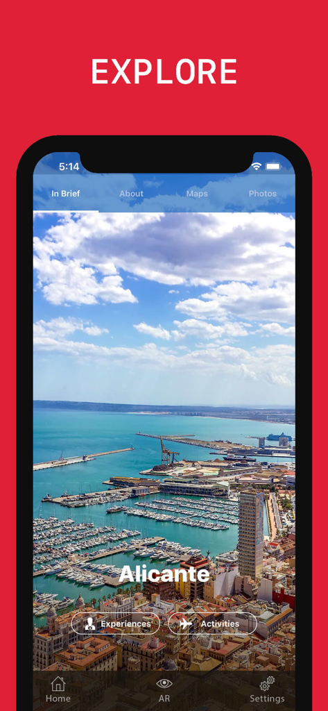 Alicante city and harbor aerial view on the travel guide mobile app screen