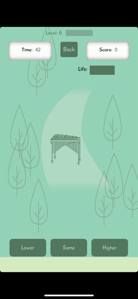 Theta Music Trainer - Pantalla del juego de comparación de tonos en la aplicación Theta Music Trainer con un xilófono y botones de opción