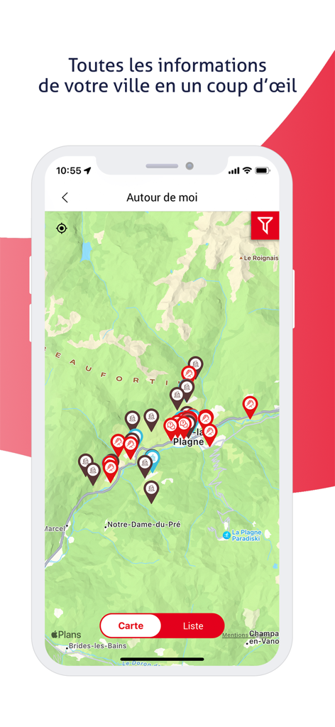 Aime-la-Plagne - Mobile app interface displaying an interactive map with local service markers in Aime-la-Plagne