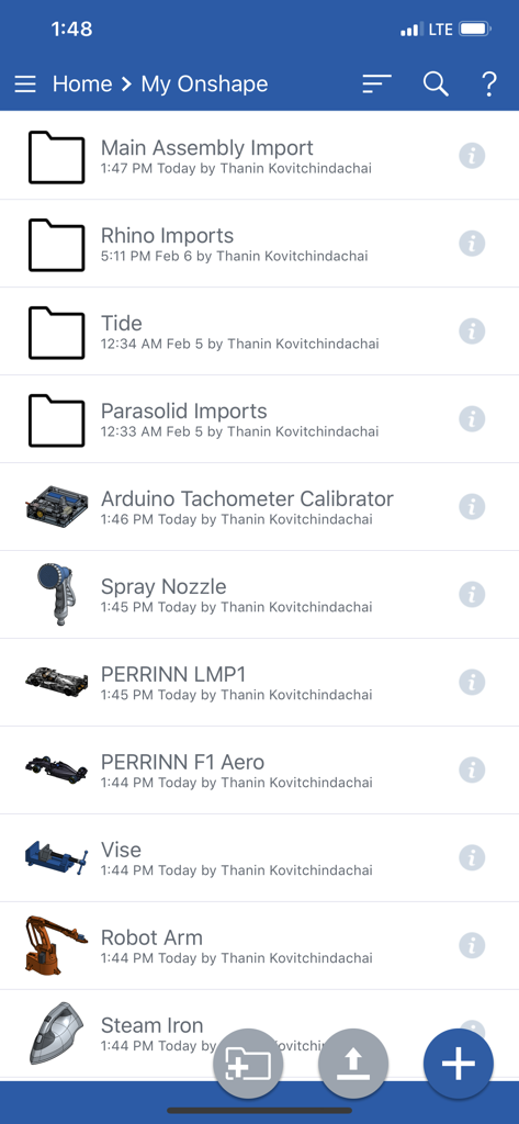 Tela inicial do aplicativo móvel Onshape mostrando uma lista de projetos e pastas de CAD 3D