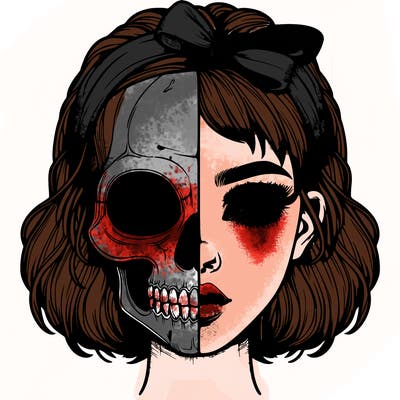 realistic girl with half skull mask