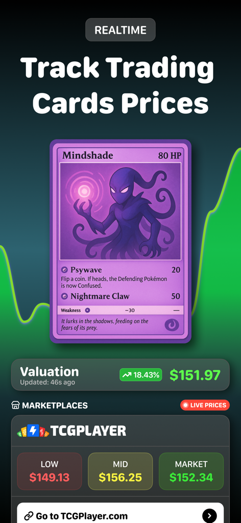 Pricedex 앱의 스크린샷으로, 트레이딩 카드의 실시간 시장 가치 및 가격 추적을 보여줍니다.