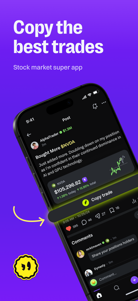AfterHour: Social Copy Trading - AfterHour 앱 스크린샷으로 NVDA의 검증된 거래 게시물과 카피 트레이드 버튼 표시