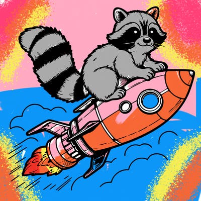 realistic raccoon flying on top rocket ship