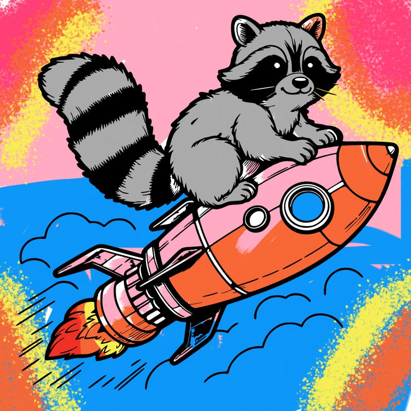 realistic raccoon flying on top rocket ship